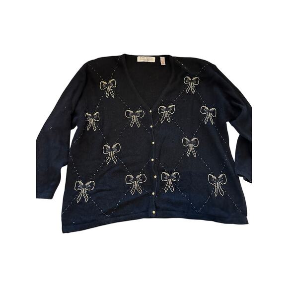 Vintage Karen Scott II Women Black Gold Christmas silk Cardigan Sweater Size 3X - Picture 1 of 8